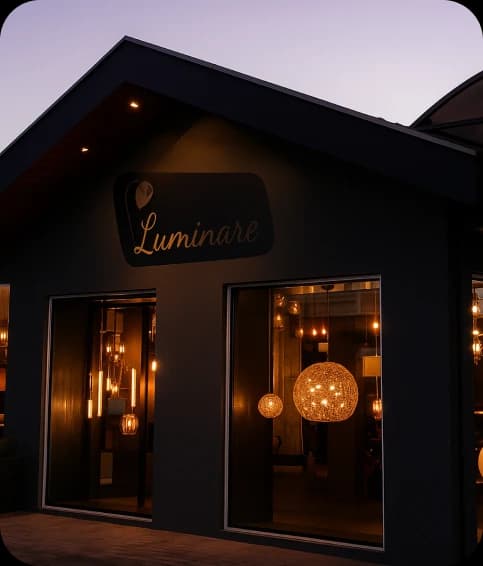 Fachada da loja Luminare à noite com luminárias acesas